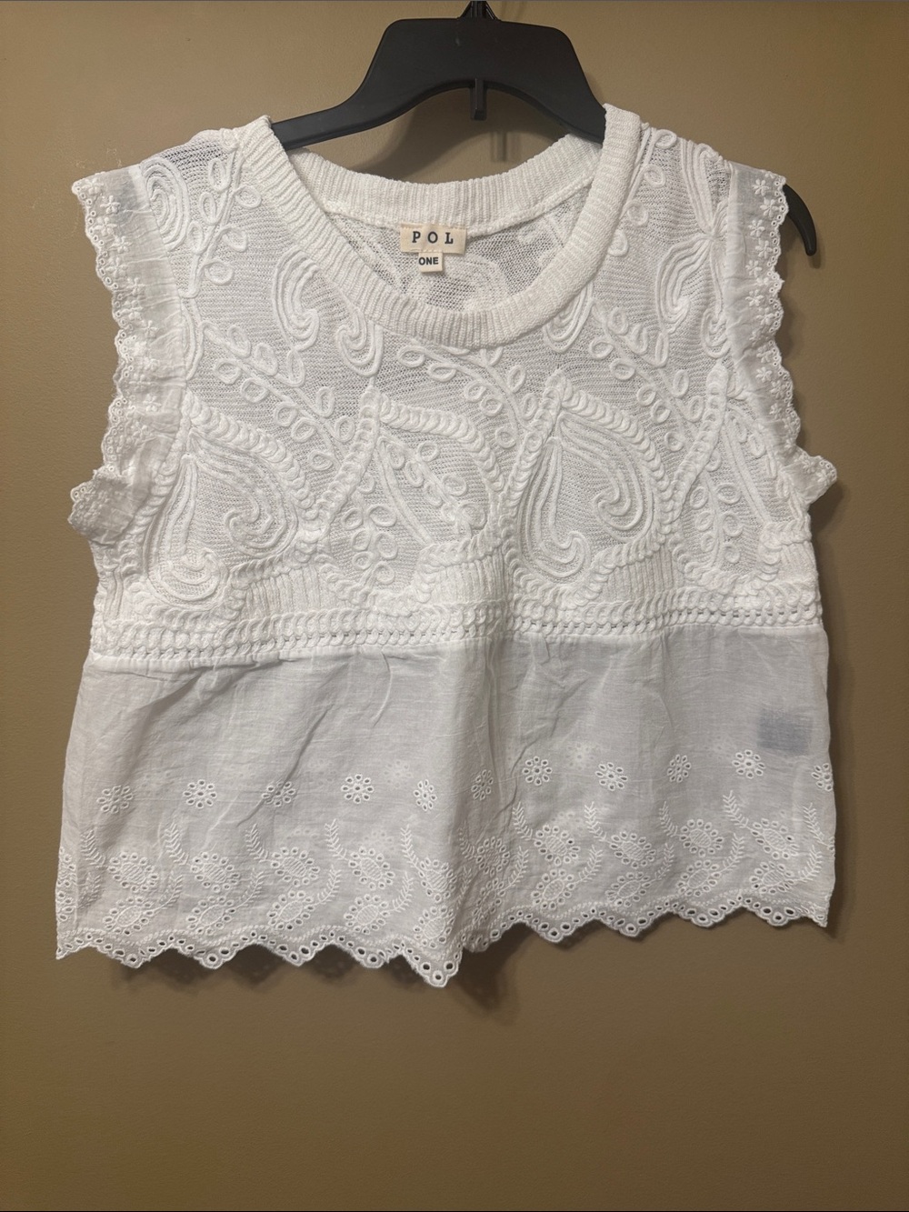 POL White Embroidered Eyelet Sleeveless Top